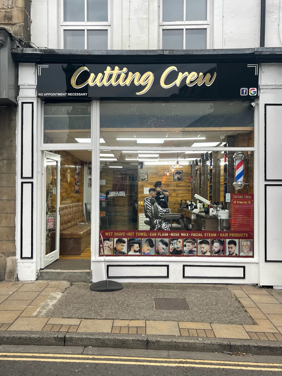 The gold Cutting Crew sign and welcoming shopfront at 13 Kirkgate, Otley